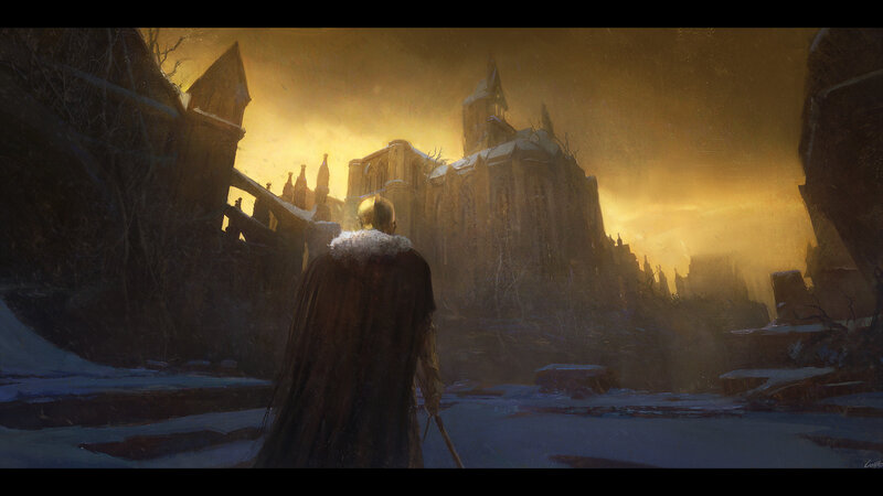 Man in Cloak Facing Castle