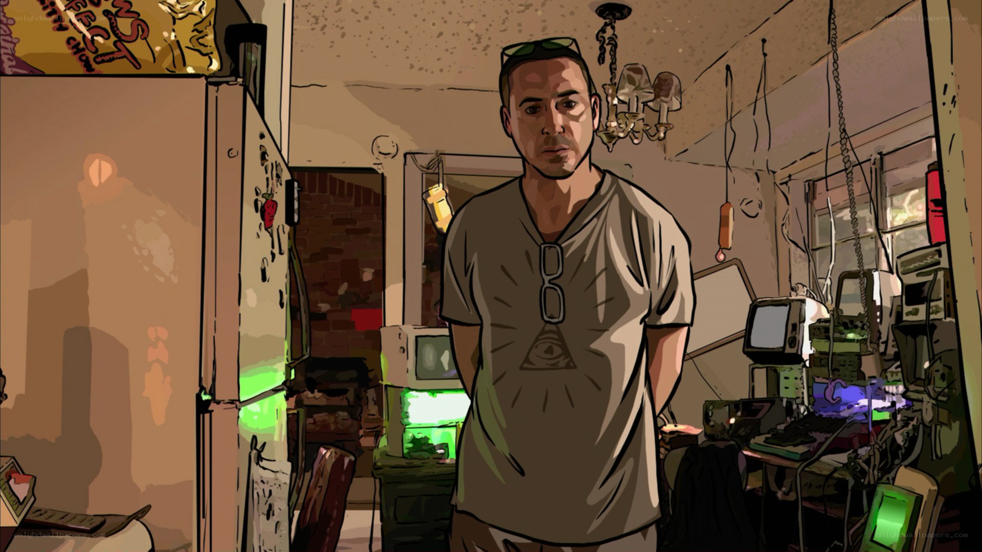 man in cluttered room