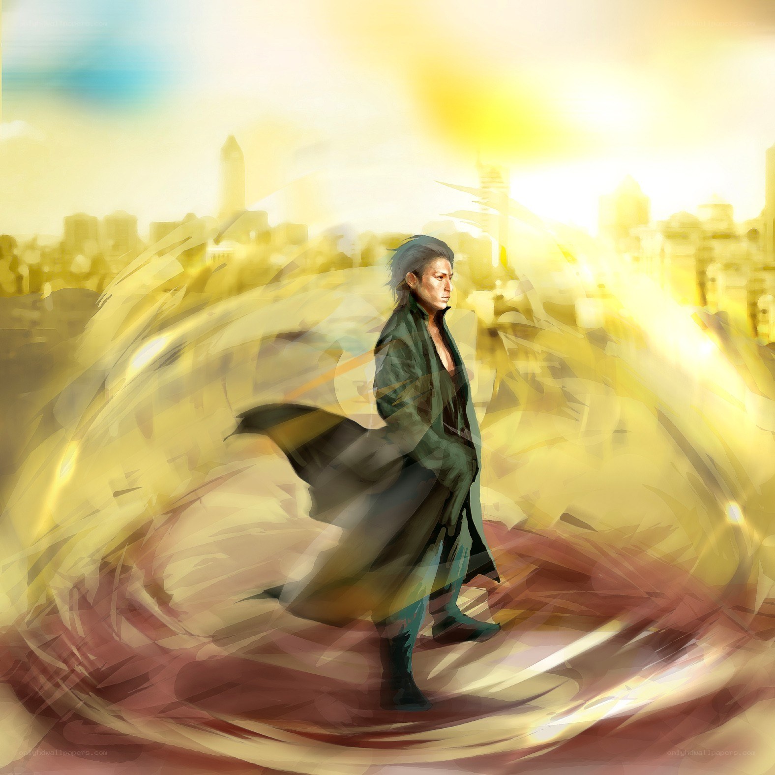man in coat with city background