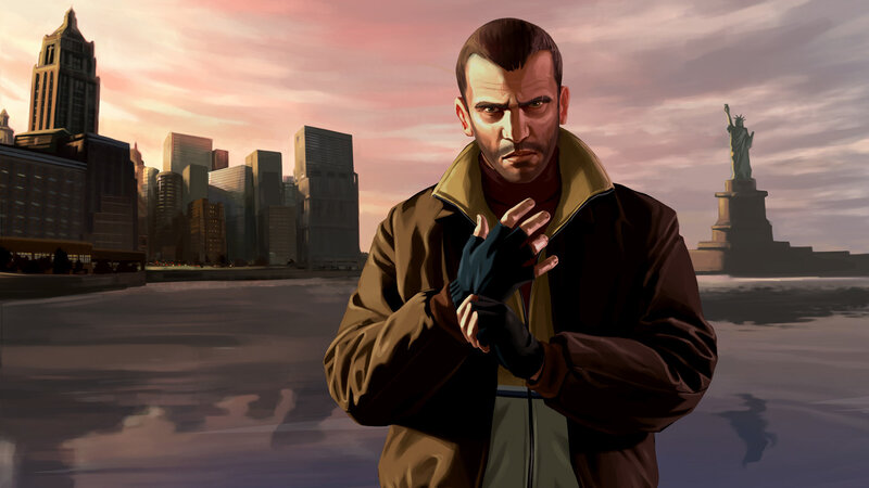 Man in coat with city skyline