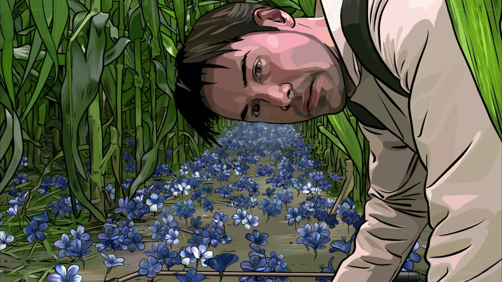 man in cornfield with blue flowers