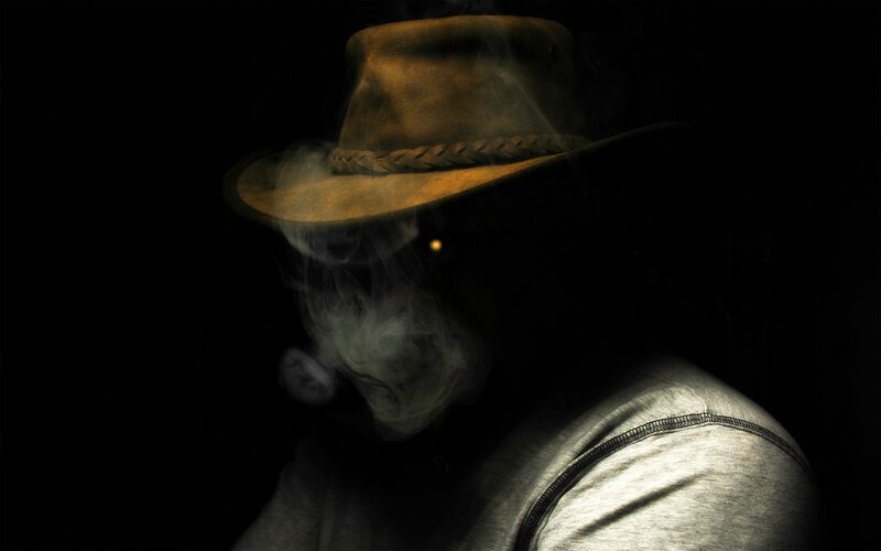 Man in Cowboy Hat — Black, Dramatic, Night, Photograph, Smoke