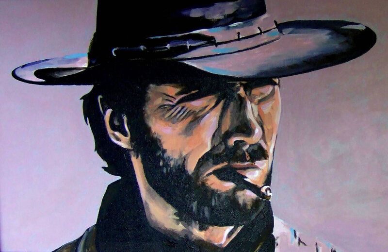 Man in Cowboy Hat — Black, Dramatic, Painting, Cigarette