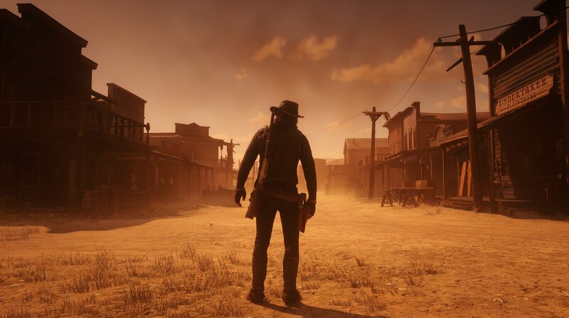 Man in Cowboy Hat — Orange, Dramatic, Sunset, 3d Render