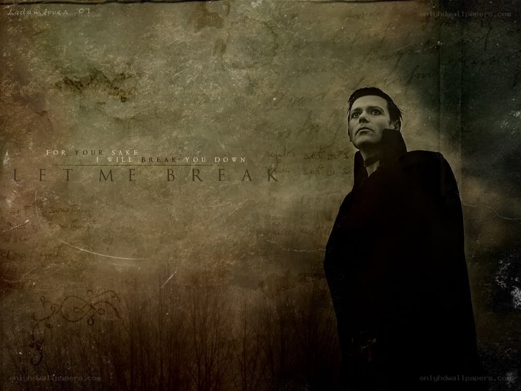 man in dark coat with text