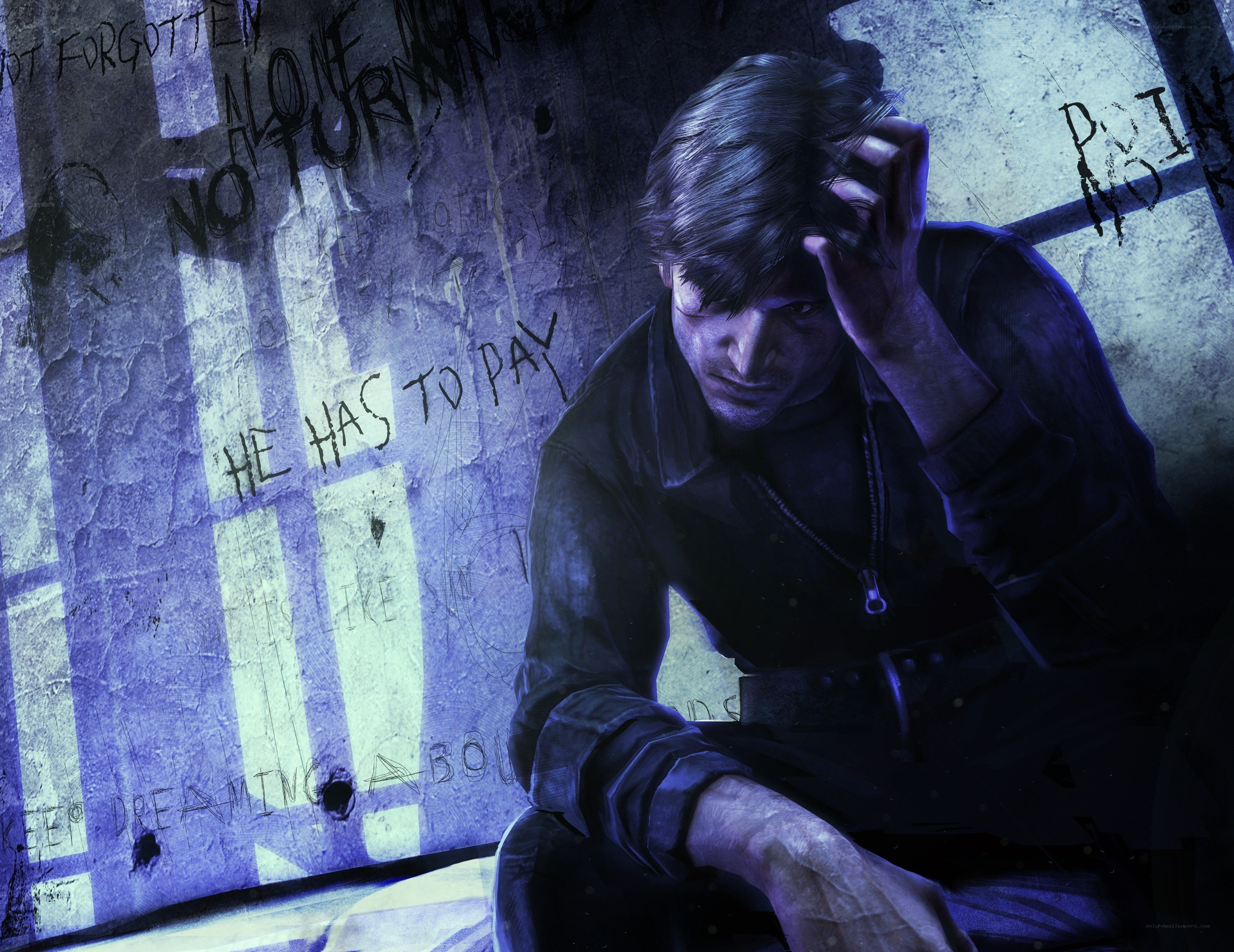 man in dark room with graffiti
