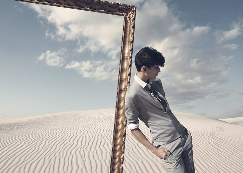Man in Desert with Frame — White