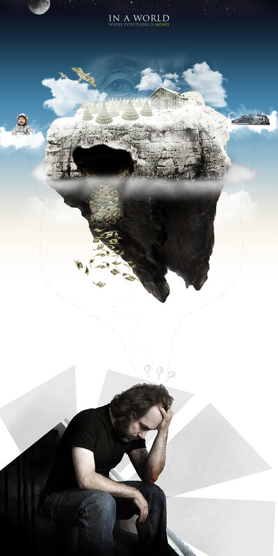 Man in distress under floating island