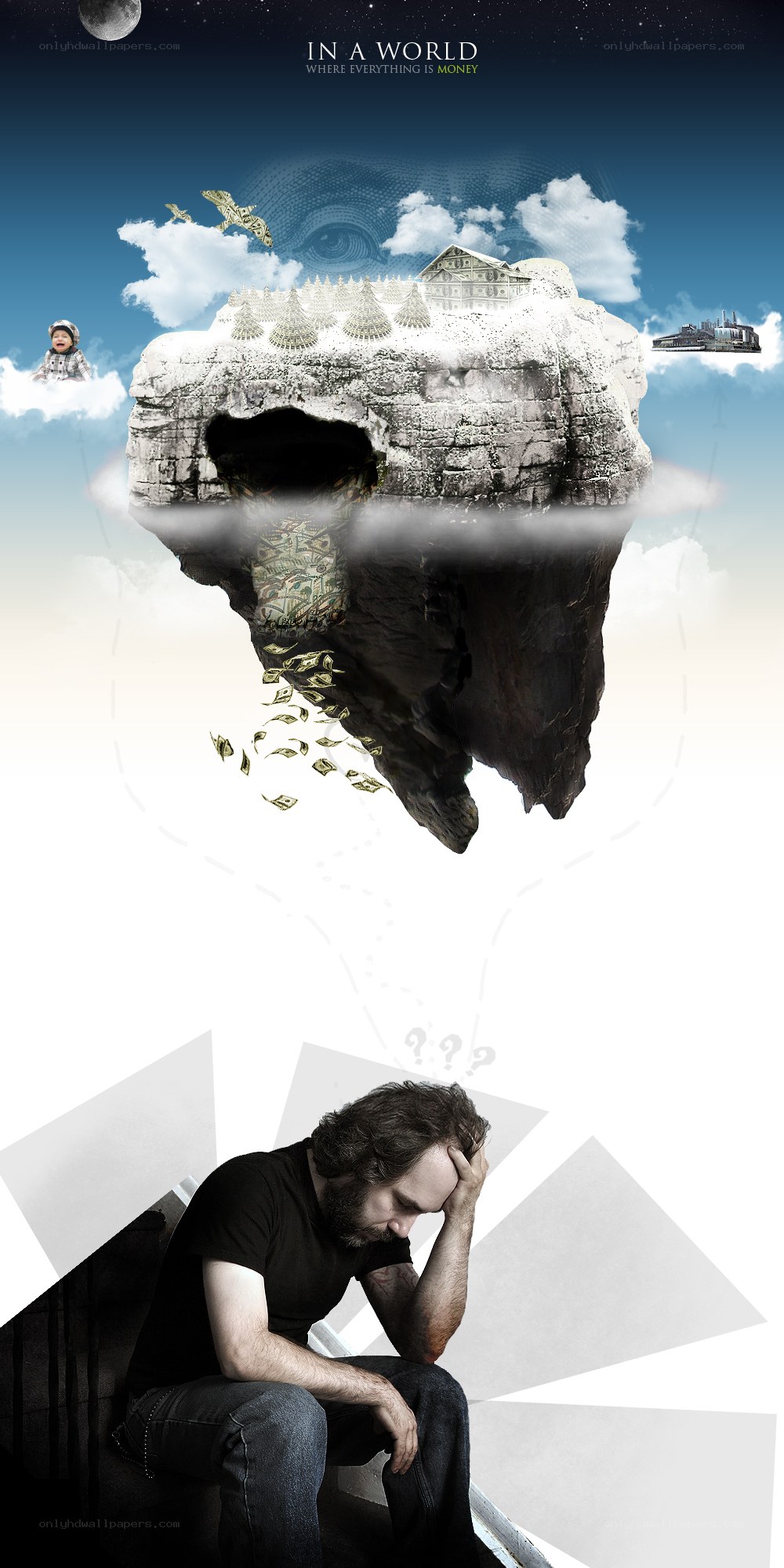 Man in distress under floating island