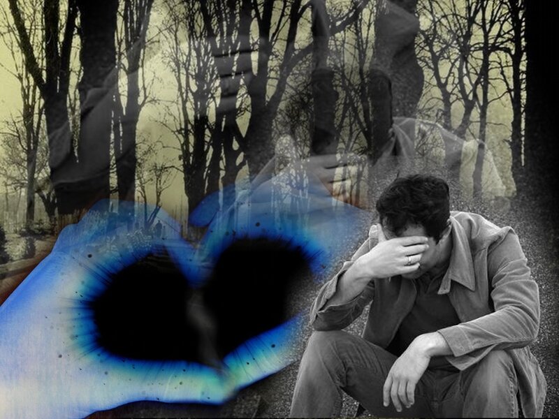 man in distress with heart symbol
