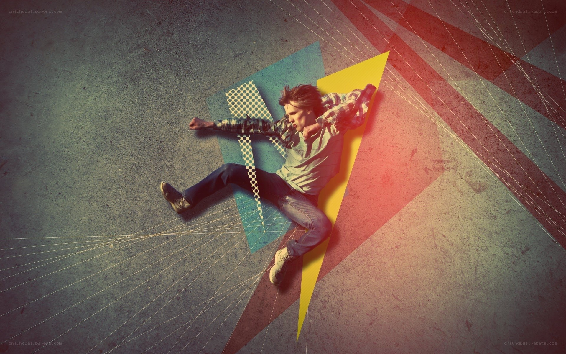 man in dynamic pose with geometric shapes