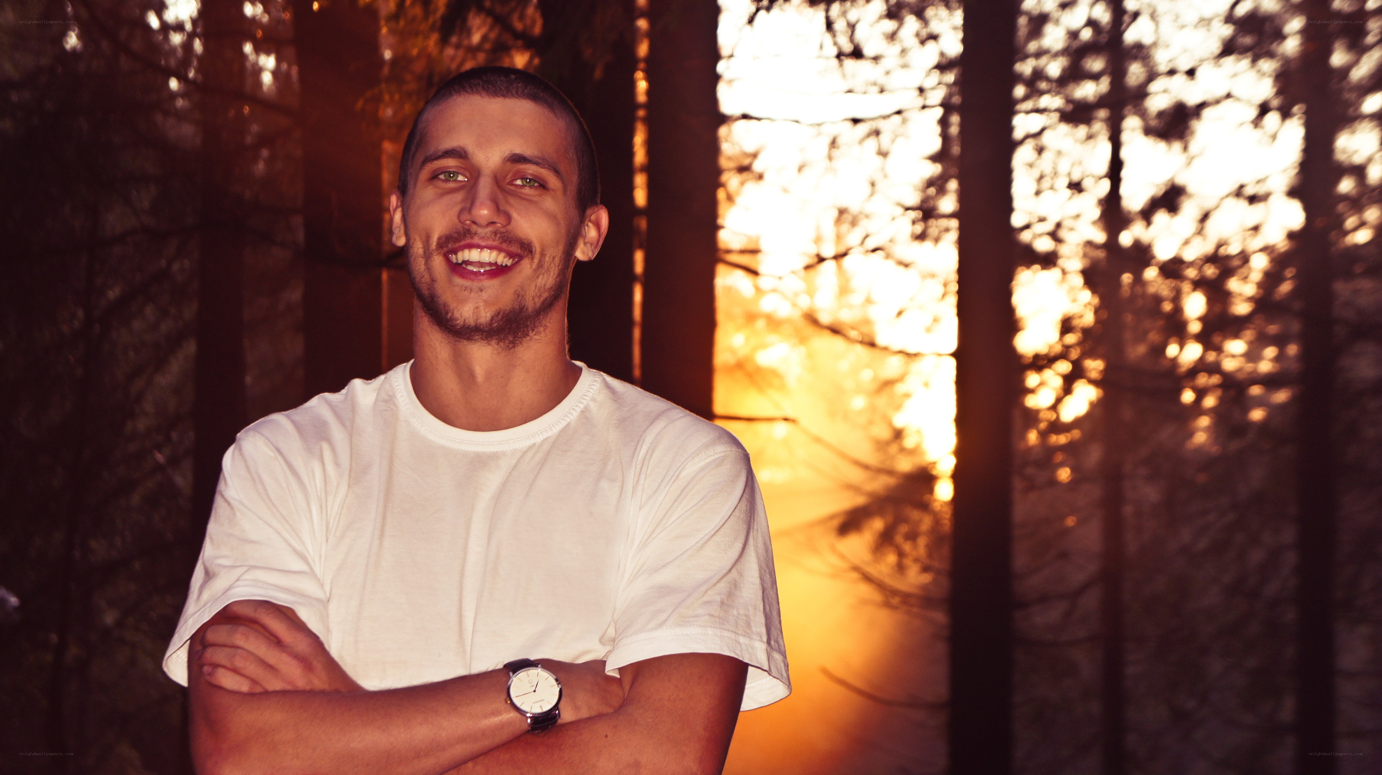 man in forest at sunset