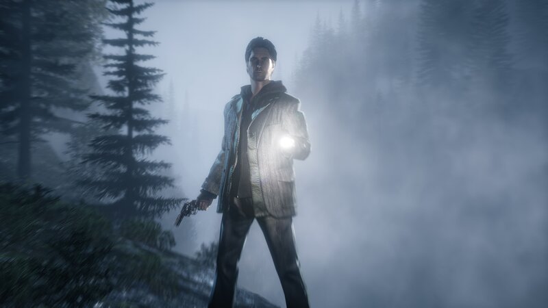 man in forest with flashlight