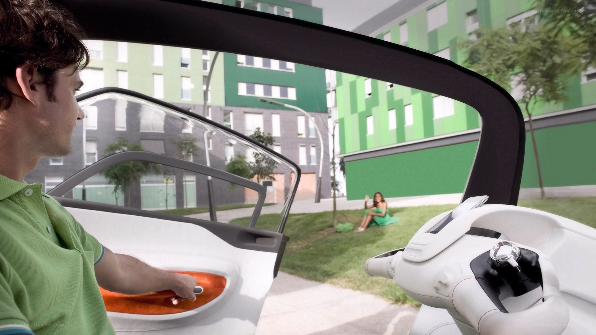 man in futuristic car