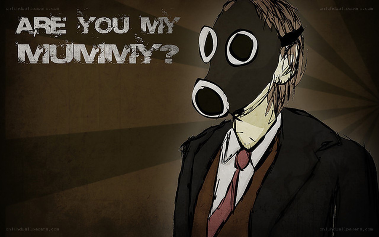 man in gas mask asking mummy