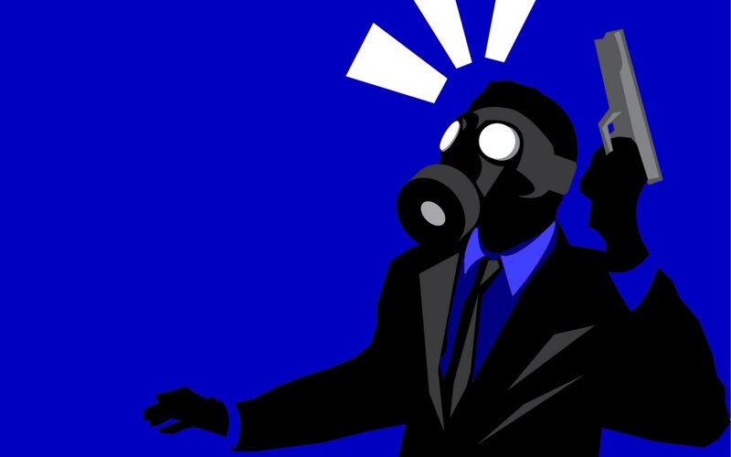 Man in Gas Mask Holding Gun — Blue