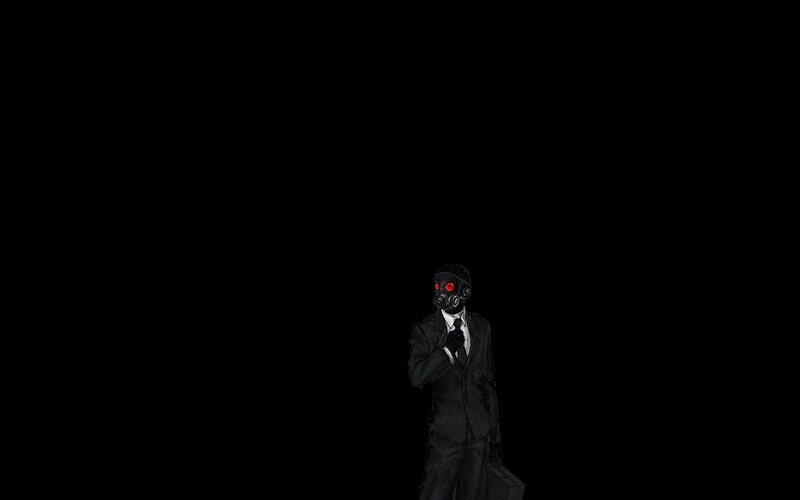 man in gas mask suit