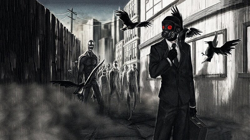 Man in Gas Mask with Crows — Black