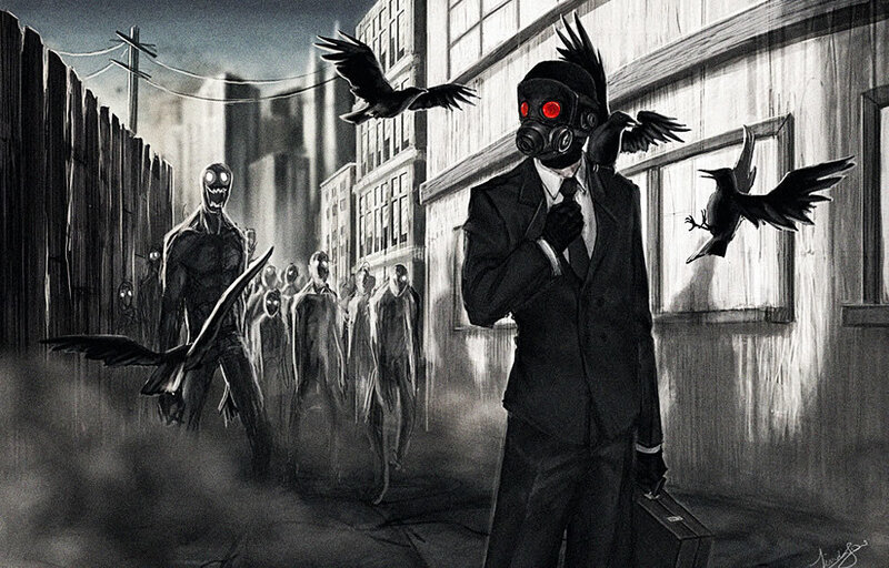 Man in Gas Mask with Crows