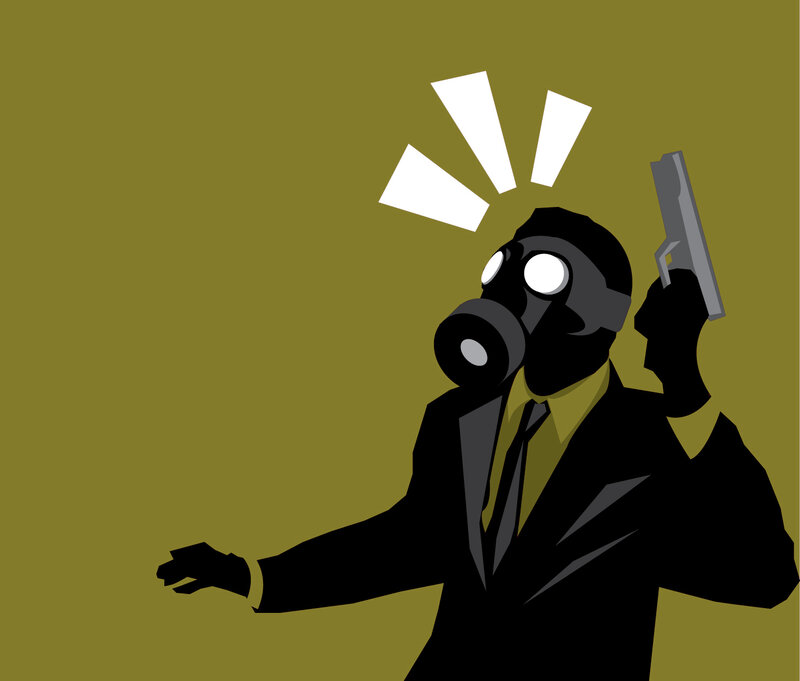 man in gas mask with gun