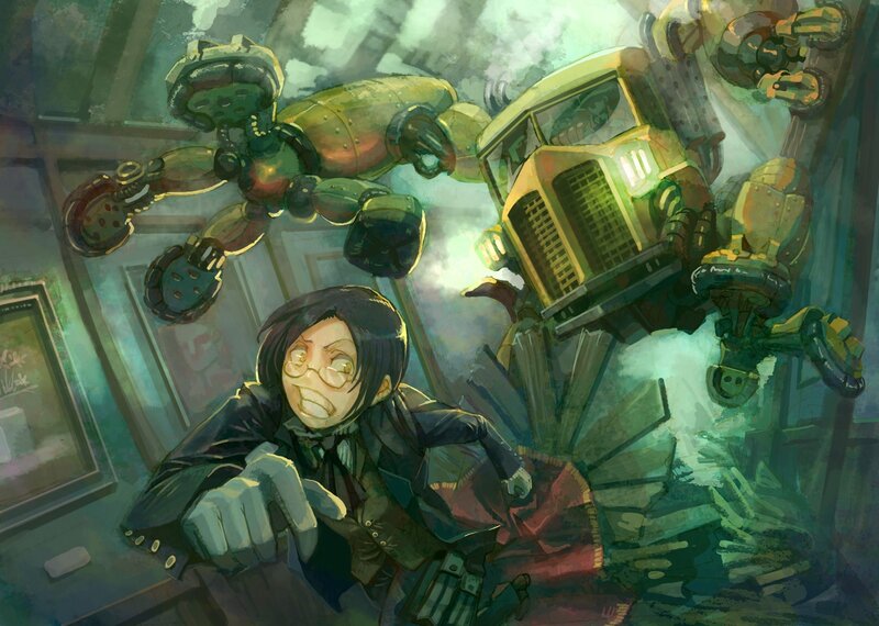 Man in glasses with robots