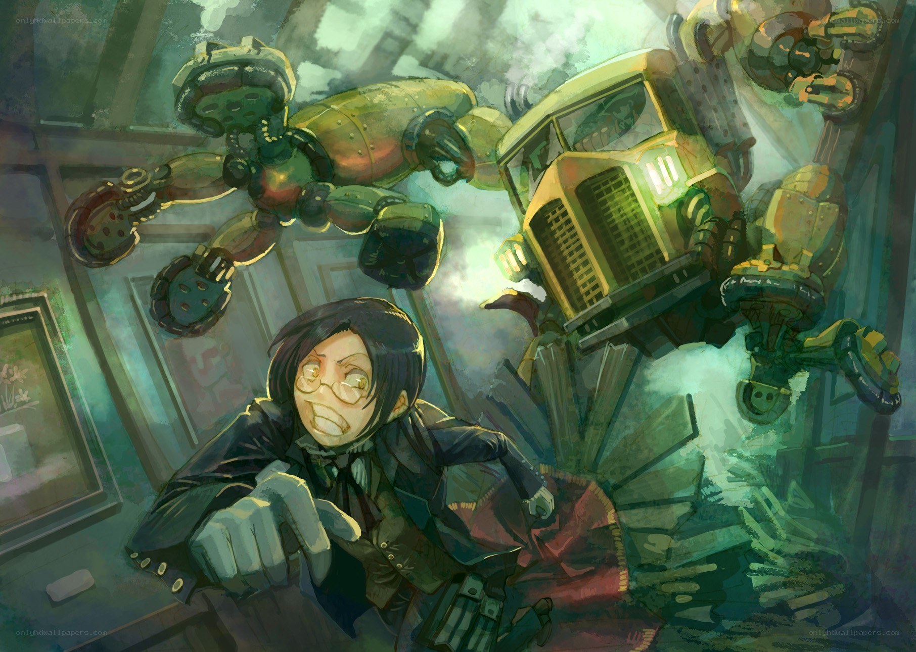 Man in glasses with robots