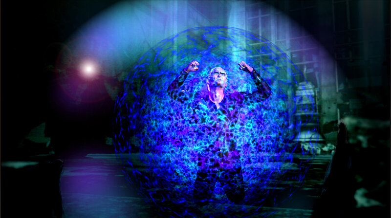 man in glowing energy sphere