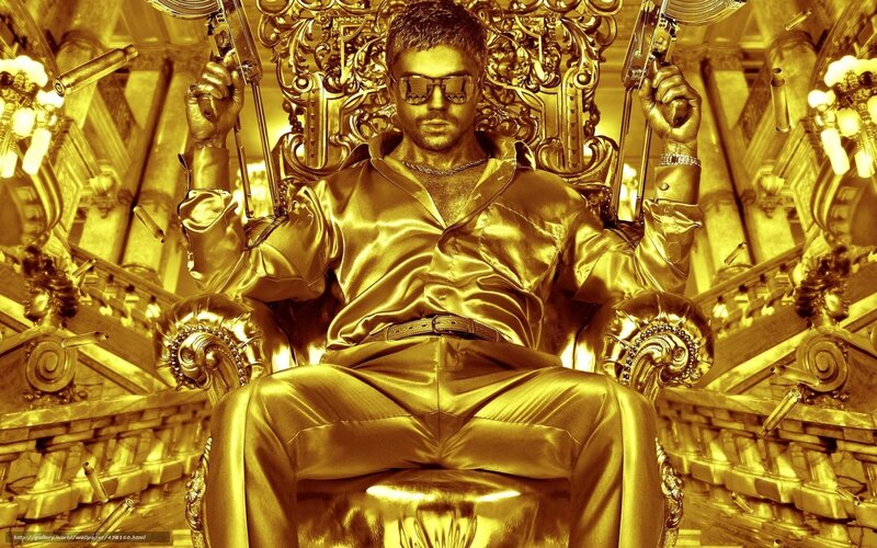 Man in gold throne with guns