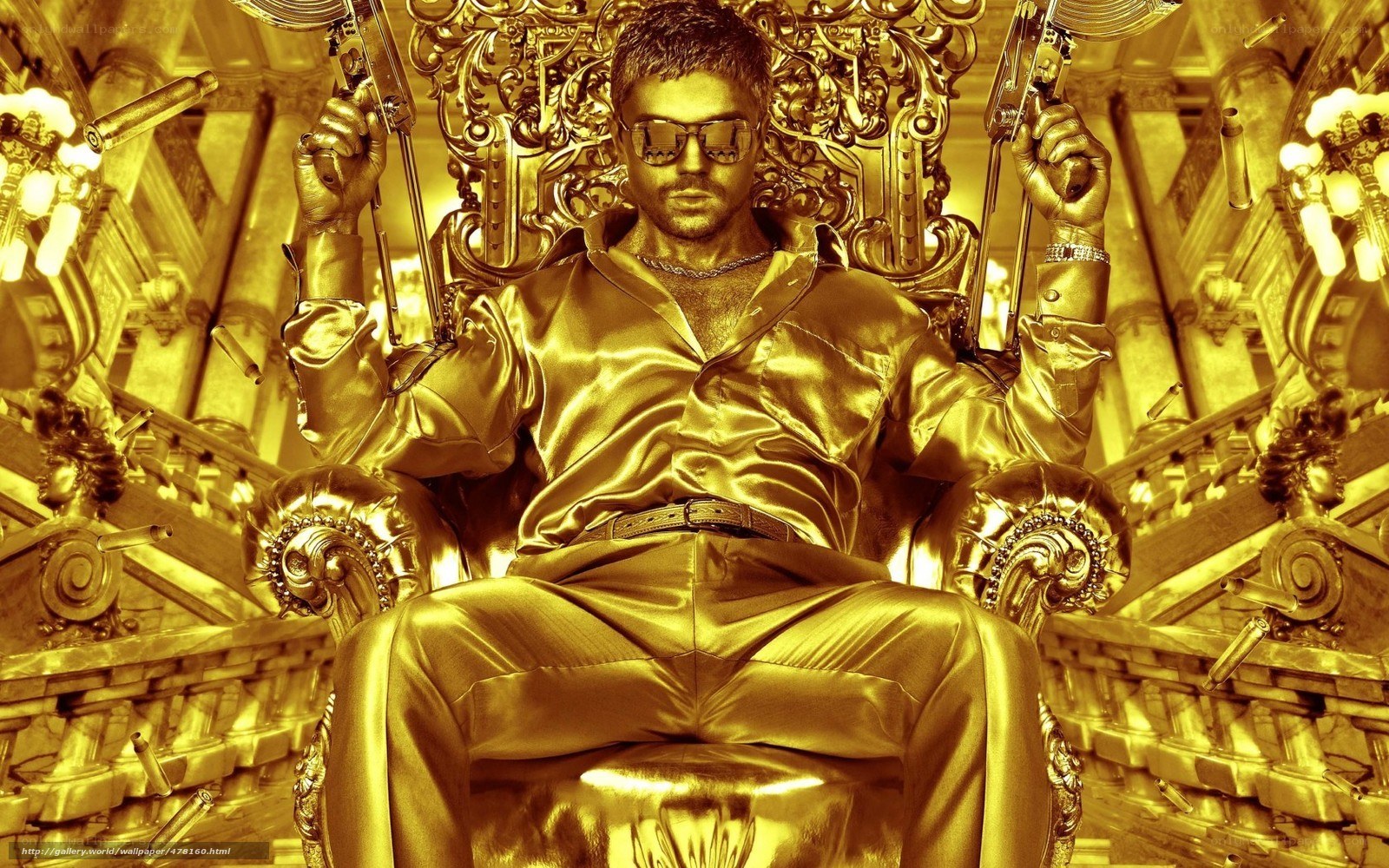Man in gold throne with guns