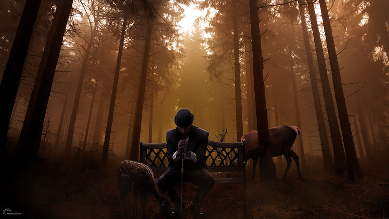 Man in Hat on Bench