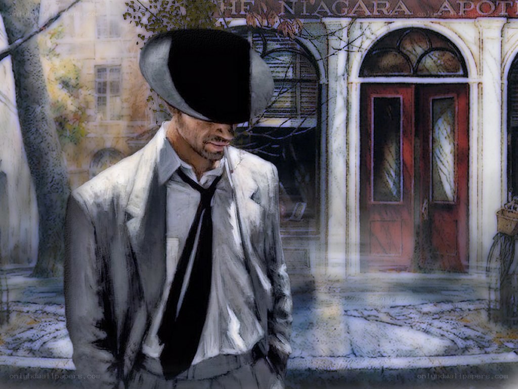 man in hat outside apothecary