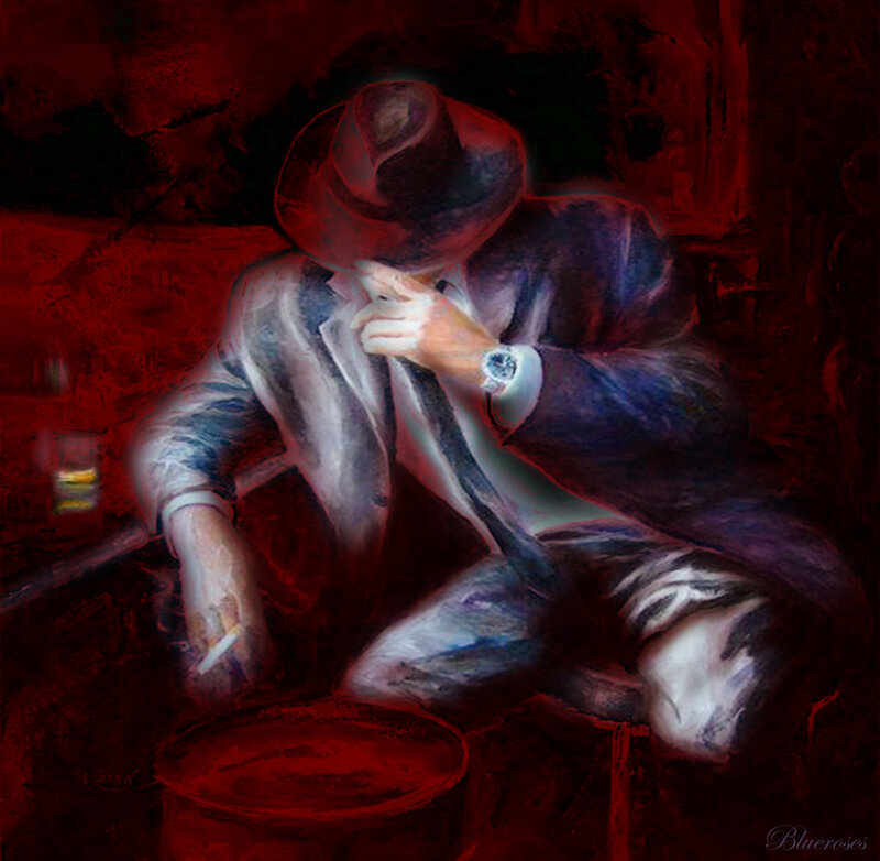 Man in Hat Sitting — Red
