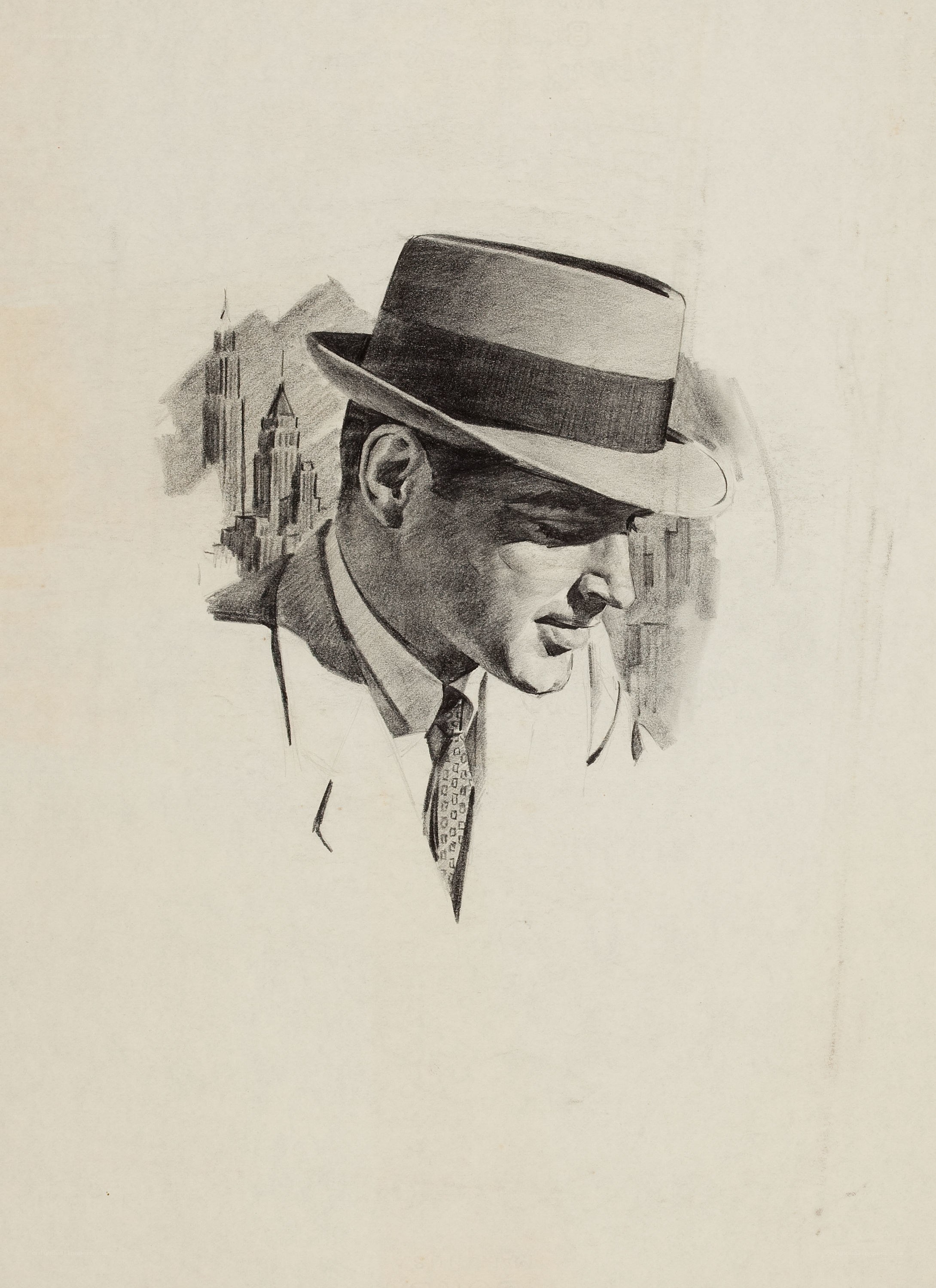 man in hat with cityscape