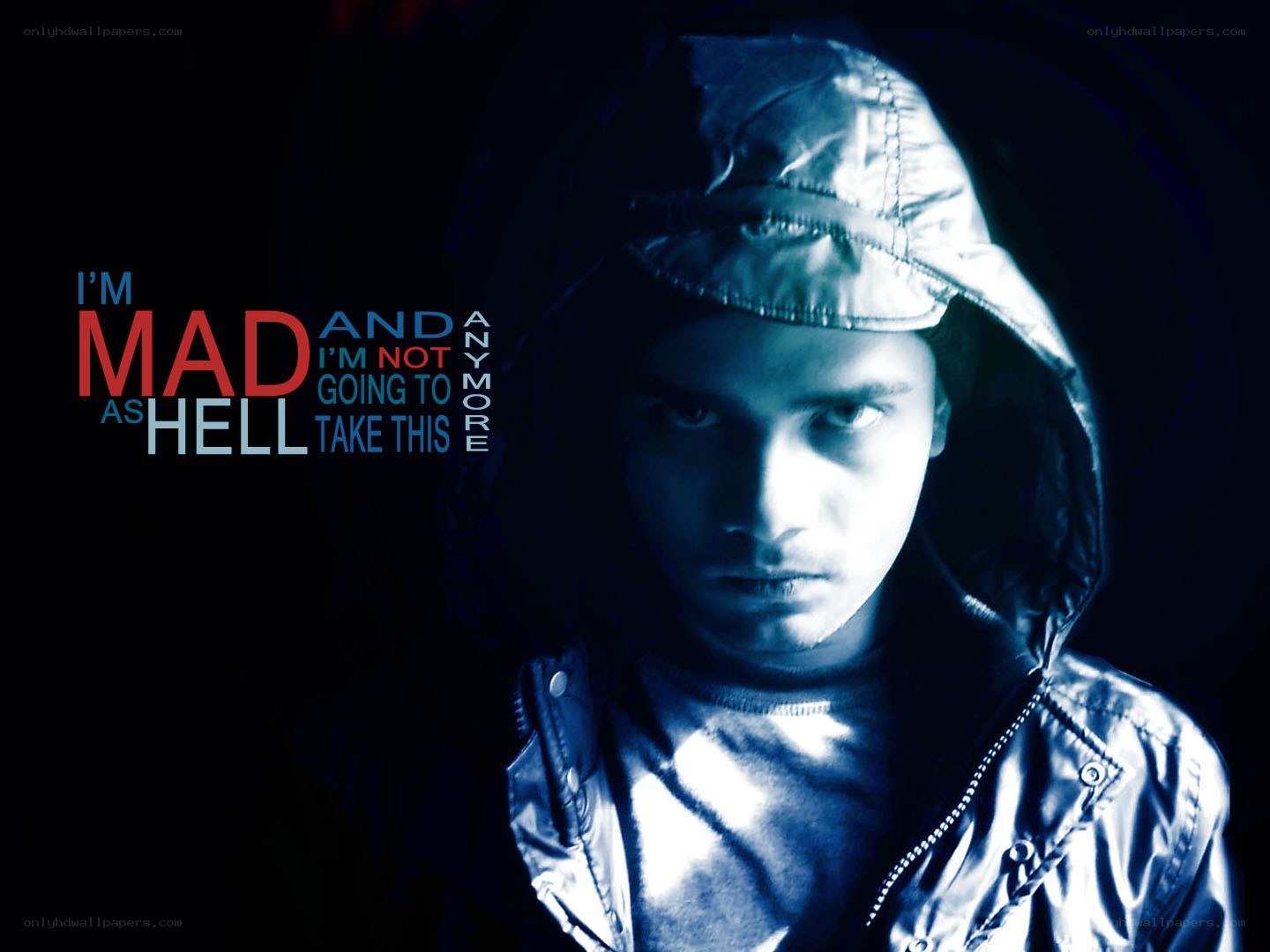 man in hood with angry text