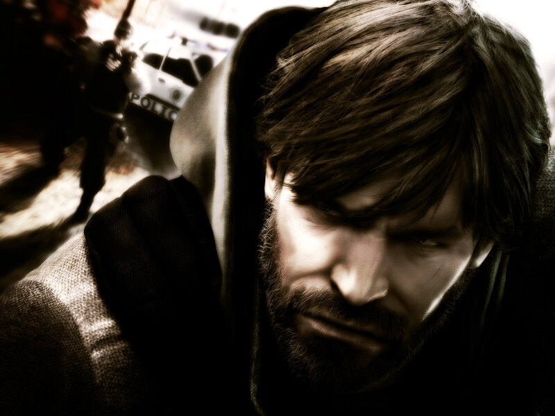 man in hood with police background