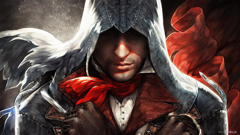 Man in Hooded Cloak — Gray, Dramatic, Digital Art, Red Scarf, Dagger