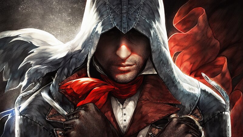 Man in Hooded Cloak — Gray, Dramatic, Digital Art, Red Scarf