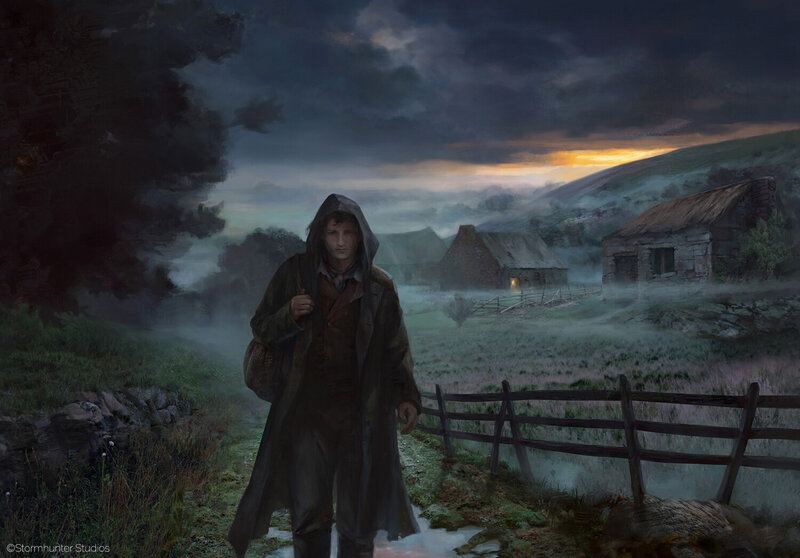 Man in Hooded Coat — Gray, Dramatic, Sunset