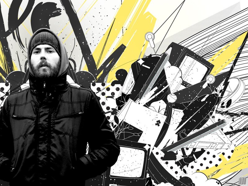 man in hooded jacket with abstract art
