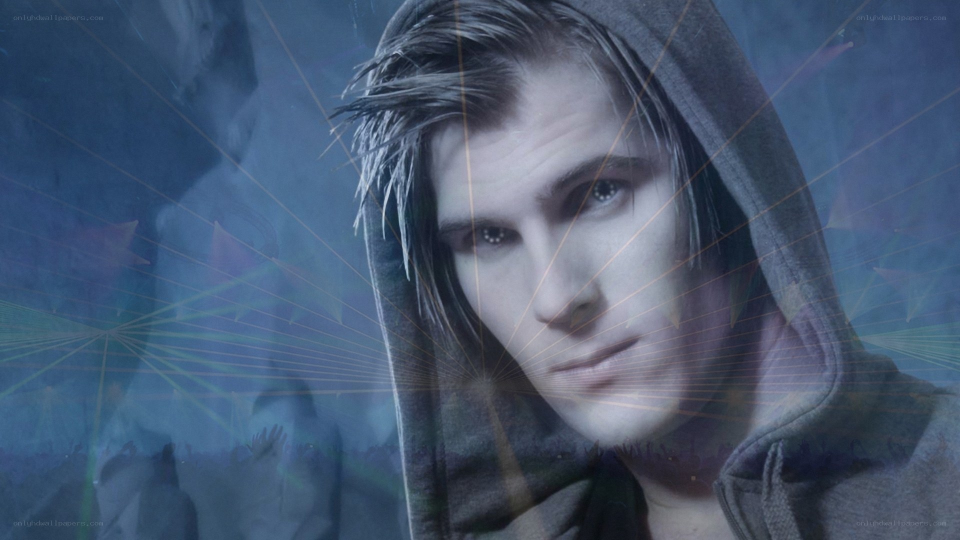 man in hoodie with laser lights