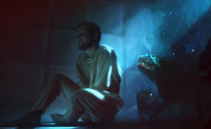 Man in Hospital Gown — Blue, Dramatic