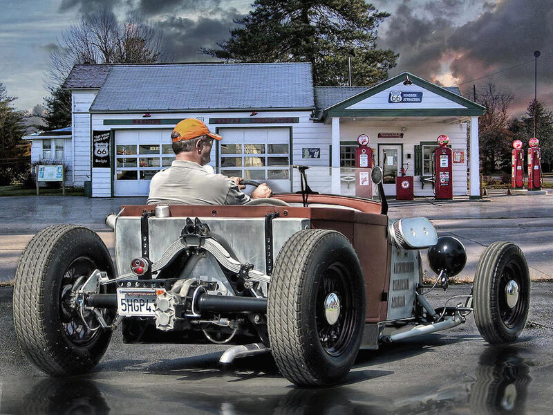 Man in Hot Rod Car — Brown