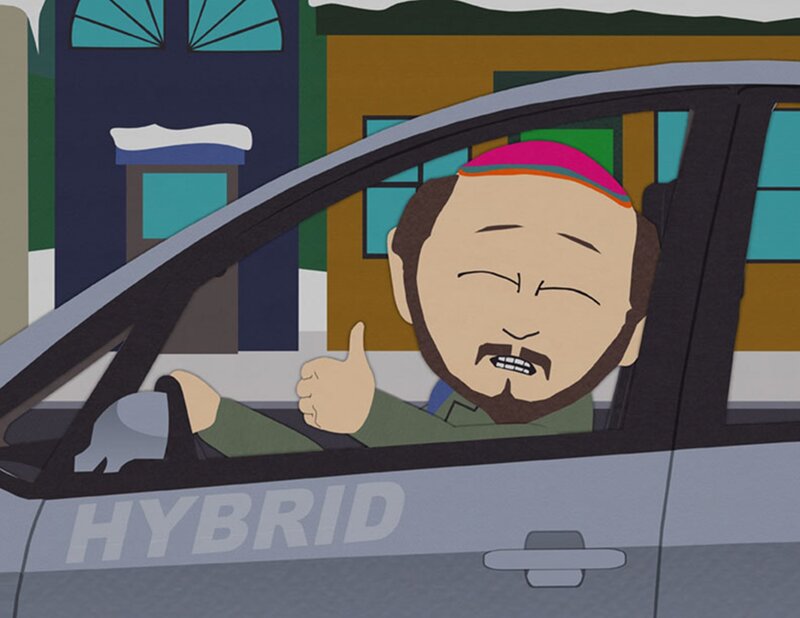 man in hybrid car giving thumbs up