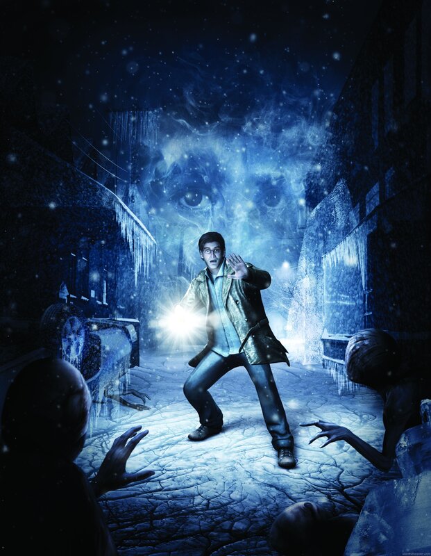 man in icy alley with ghostly face