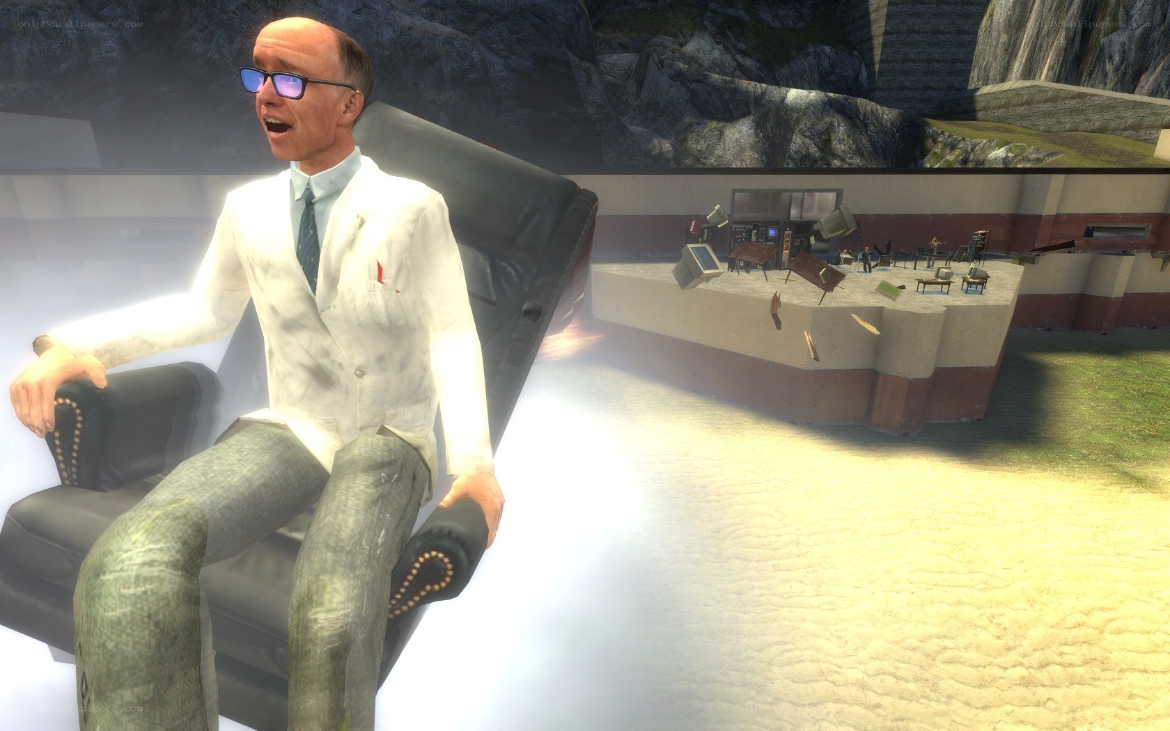 man in lab coat on chair