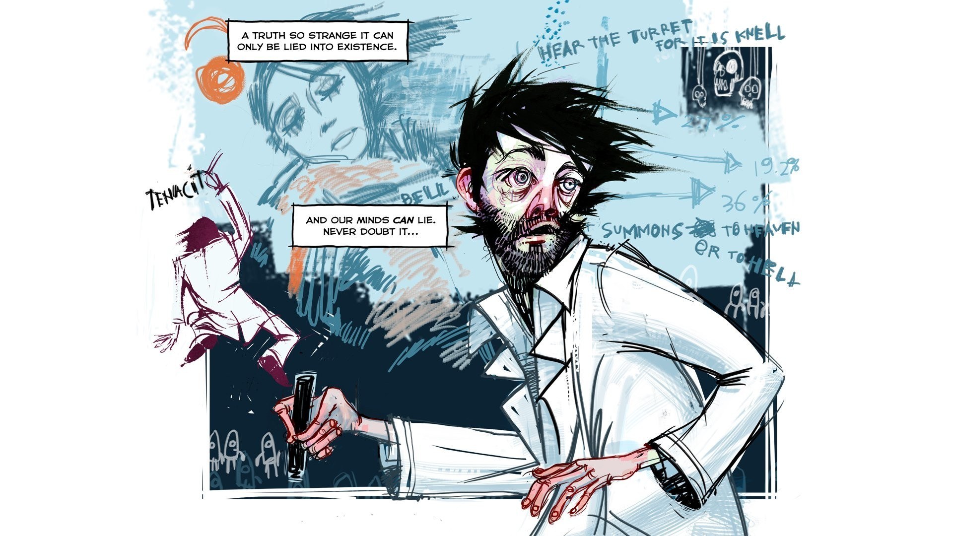man in lab coat with strange thoughts