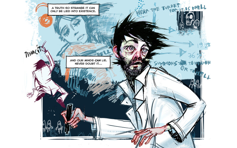 Man in lab coat with surreal imagery