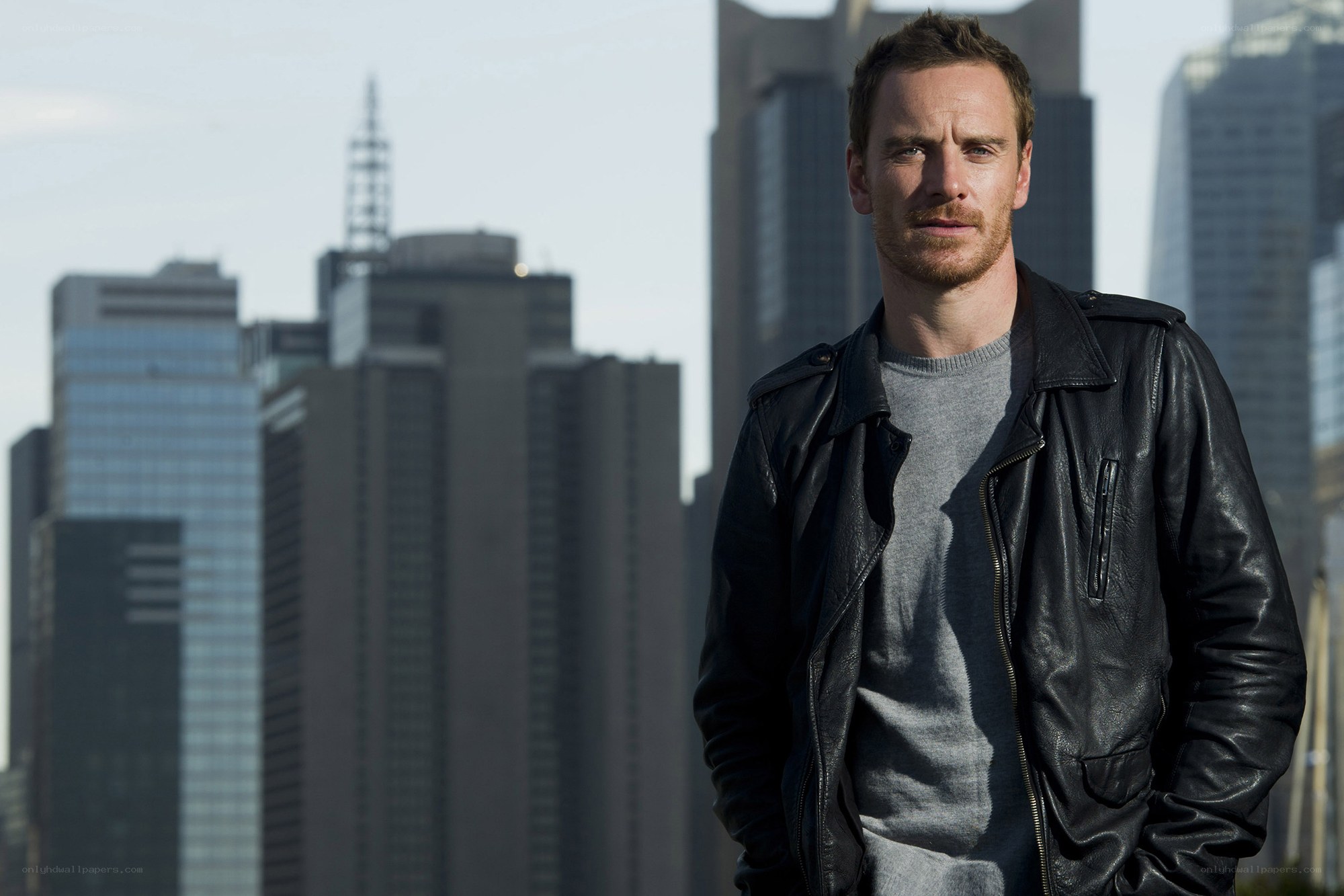 Man in leather jacket in city