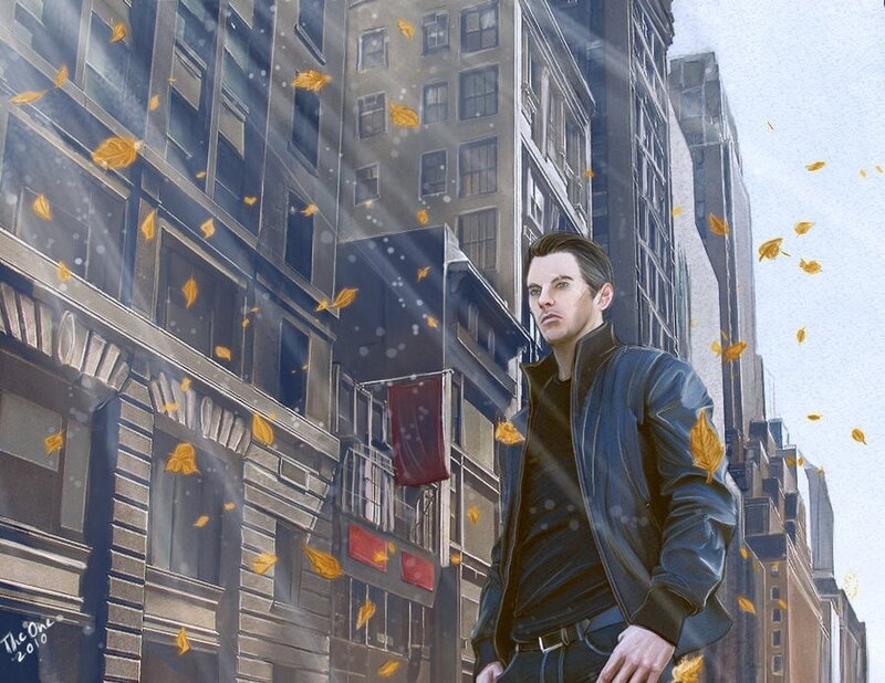 Man in leather jacket on city street