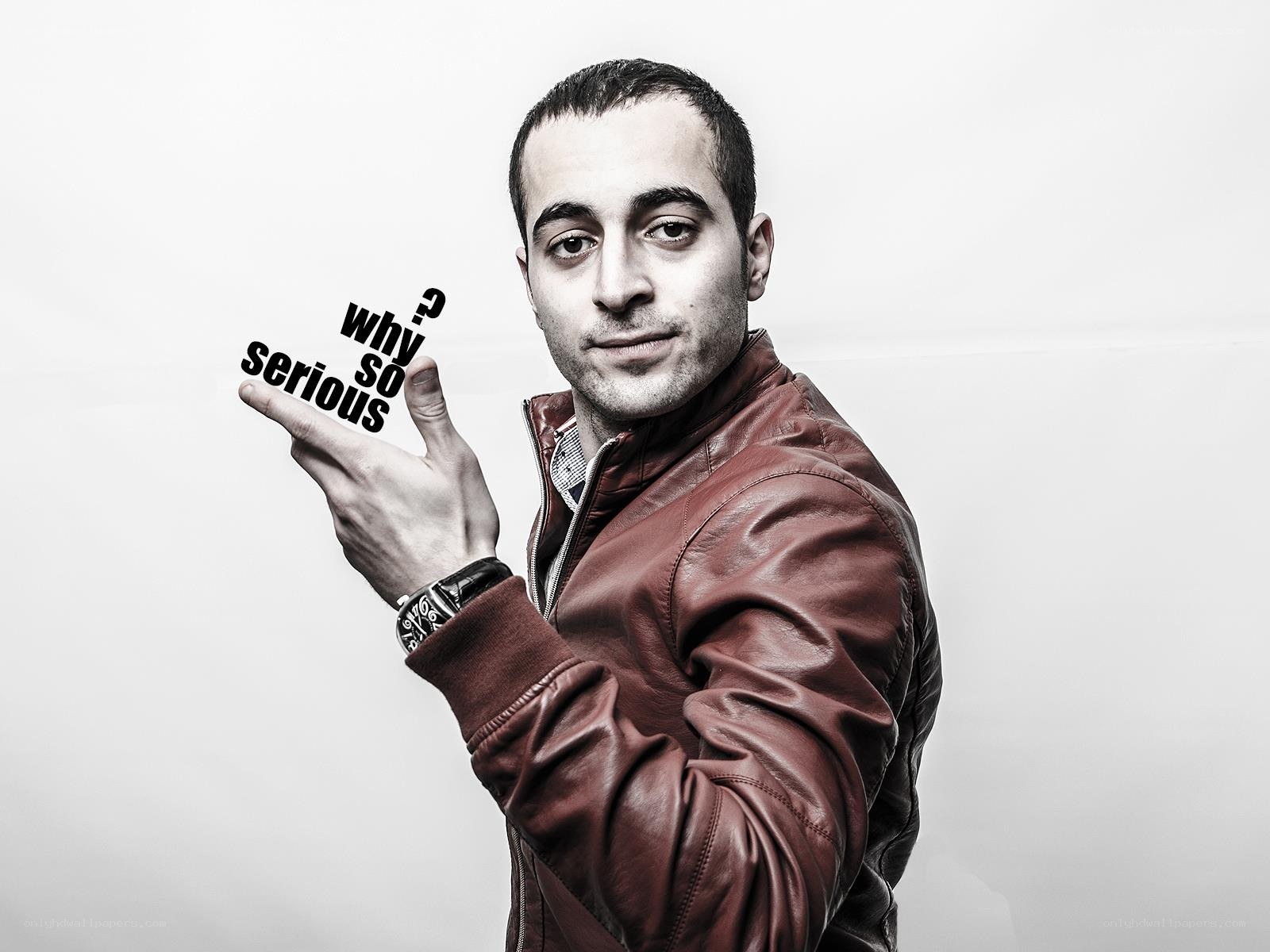Man in leather jacket with text